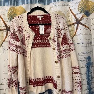 Women's Cream and Red Patterned Sweater